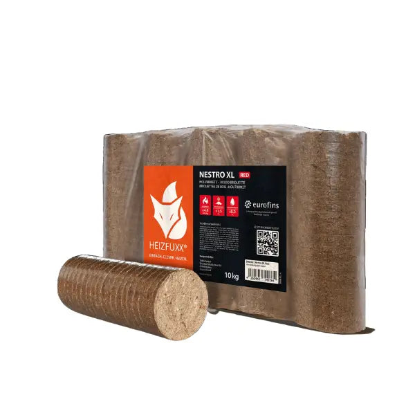 Heizfuxx Nestro XL Rot Hartholzbriketts 960 kg Palette 96x10 kg Rundbriketts Heizwert ≥4,8 kWh/kg