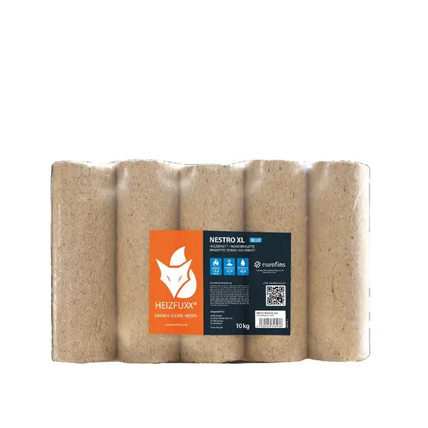 Heizfuxx Nestro XL Blau Hartholzbriketts 960 kg Palette 96x10 kg Rundbriketts Heizwert ≥4,8 kWh/kg